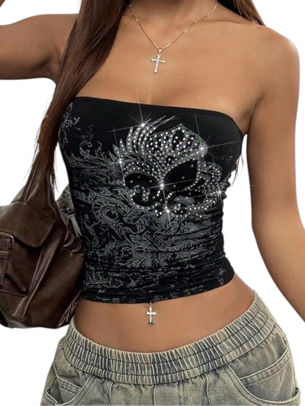 Y2K Black Gothic Bedazzled Rhinestone Tube Top